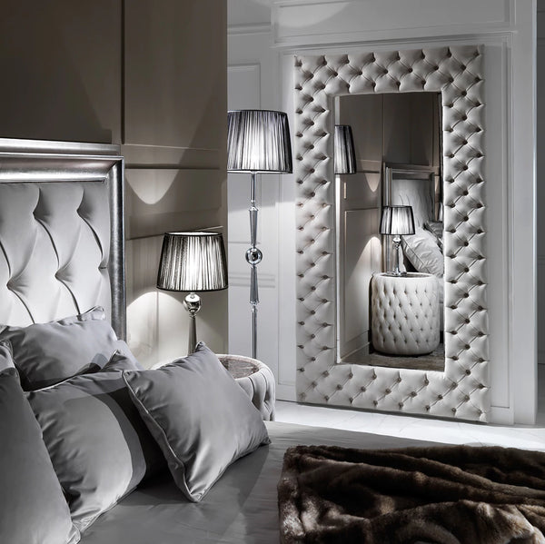 Large Modern Button Upholstered Nubuck Leather Wall Mirror